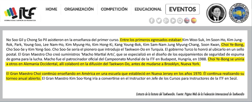 Extracto de la Historia del TaeKwonDo. Fuente: págona web de la Federación Internacional de TaeKwonDo